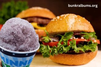 burger and a grape snow cone