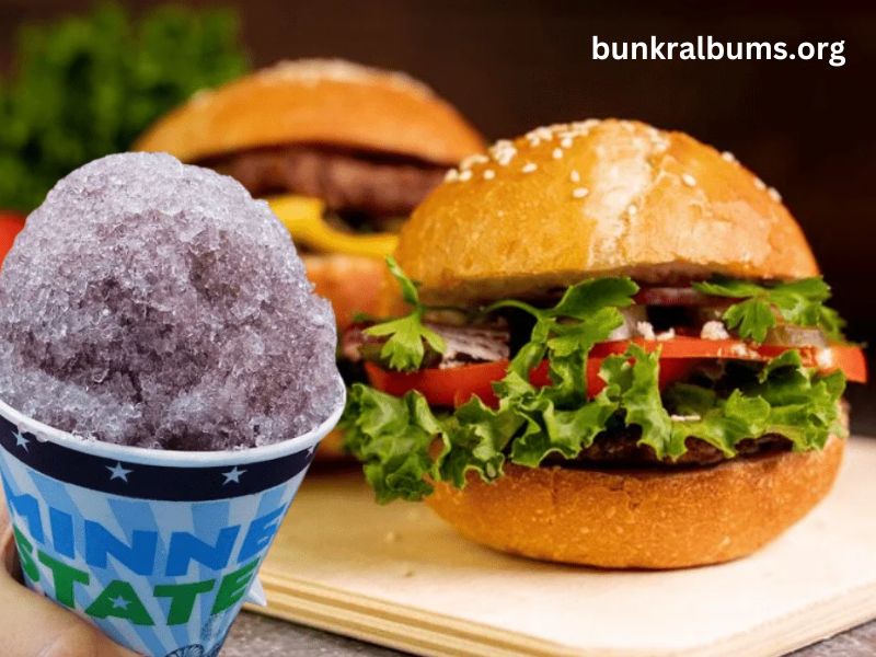 burger and a grape snow cone